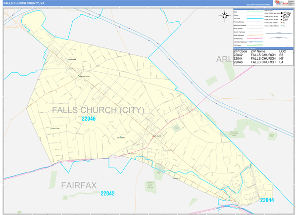 Falls Church County, VA Zip Code Wall Map